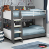 Functional bunk bed with contrasting charcoal and white tones.