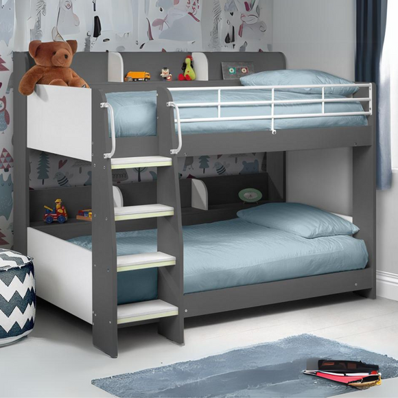 Functional bunk bed with contrasting charcoal and white tones.