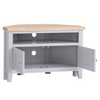 Sleek and Modern Grey Corner TV Stand, Ideal for Any Room.
