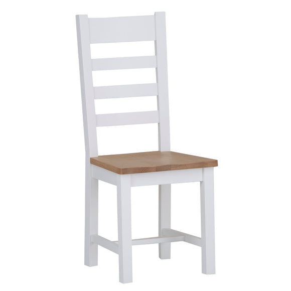 White dining chair with a ladder-back design.