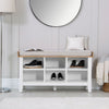 Clean-lined white bench for streamlined entryways.