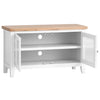 Clean and classic white TV stand in standard size.