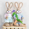 Holds a charming basket and delicate flowers