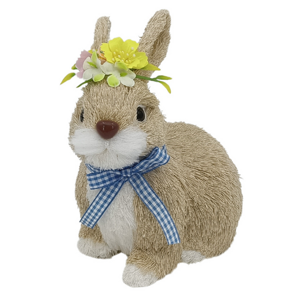 Cute bunny figurine with a vibrant floral arrangement.