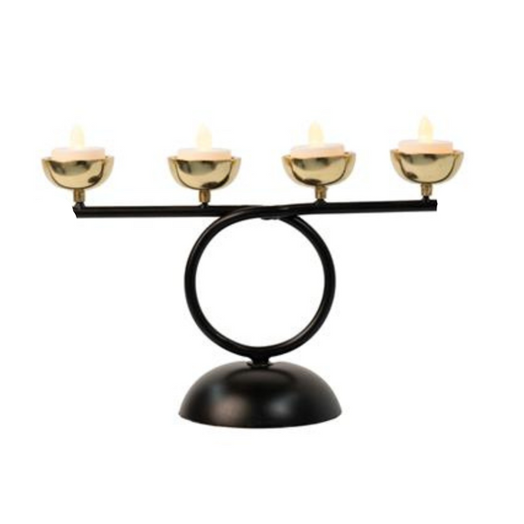 Emerson 4 T-Light Holder Black/Gold close front view on the white backing