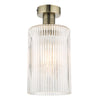 Emerson Semi Flush Antique Brass Cylinder Ribbed Glass picture on the white background