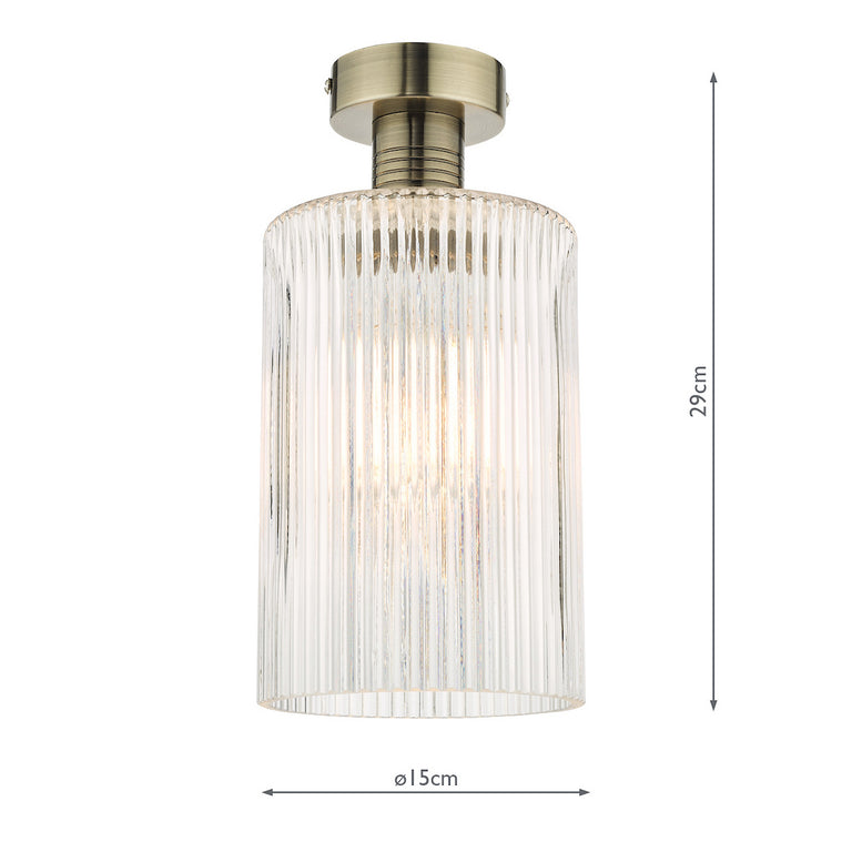 Emerson Semi Flush Antique Brass Cylinder Ribbed Glass - Ceiling Light