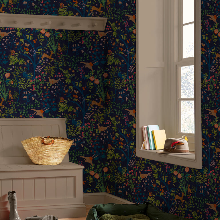 Joules Enchanted Woodland Wallpaper Navy - Trees & Animals Wall Covering