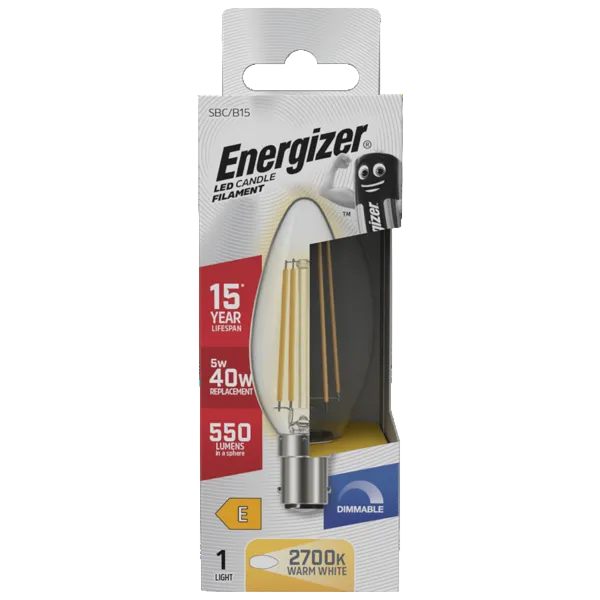 Energizer LED 5W Bulb (40W) B15 Clear Candle Lamp Dimmable