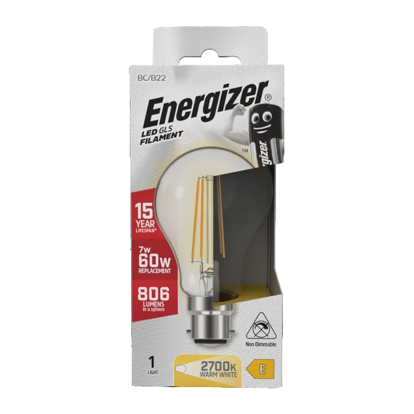 Energizer LED 6.2W Bulb (60W) B22 Glass Filament GLS Lamp