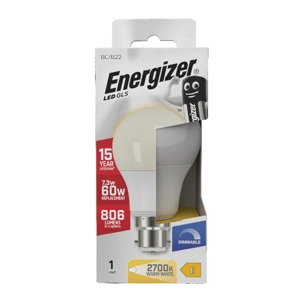 Energizer LED 7.3W Bulb (60W) B22 Opal GLS Lamp Dimmable