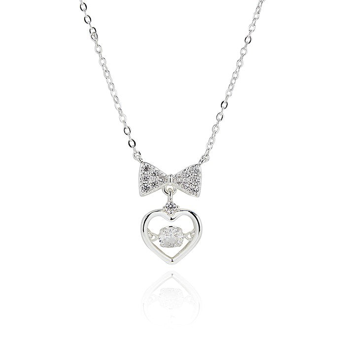 Eternal Bow Move Crystal Heart Silver Plated Necklace