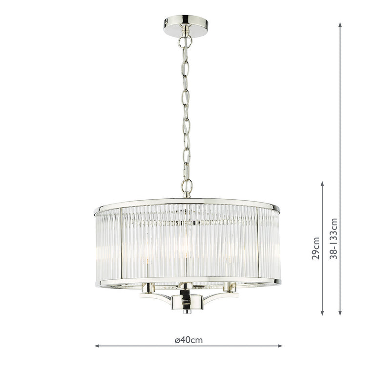 Evelyn 3 Light Pendant Polished Nickel - Ceiling Light with Glass Rod Shade