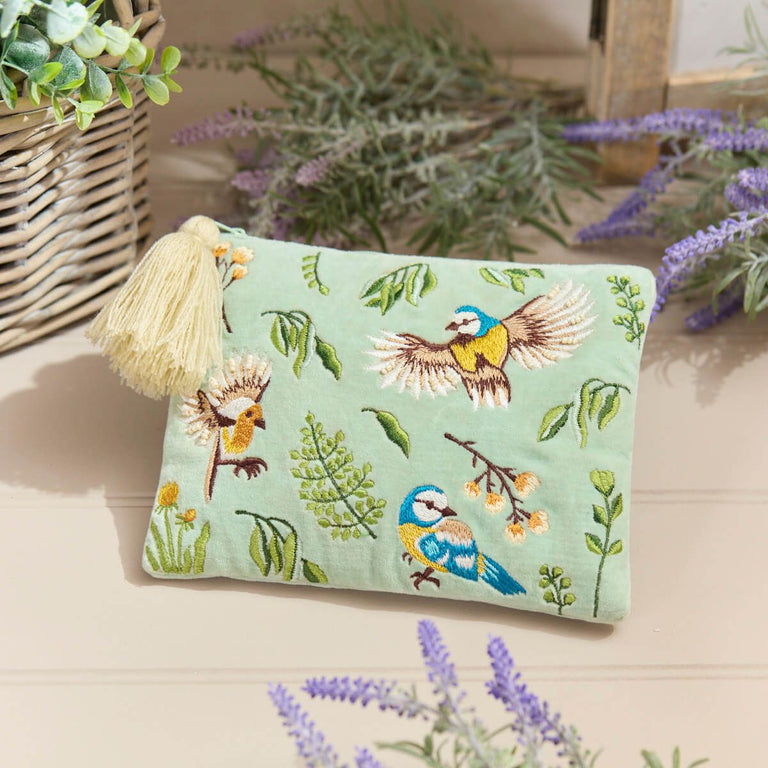Floral Feathered Embroidered Pouch