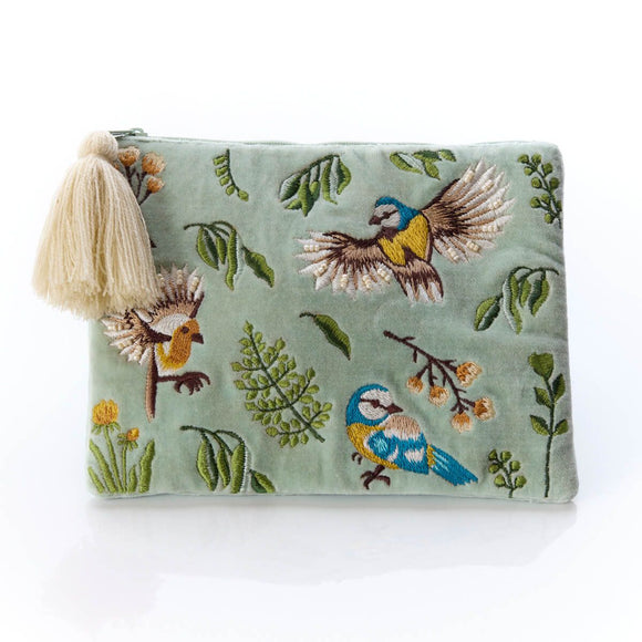 Floral Feathered Embroidered Pouch with embroidery and tassel