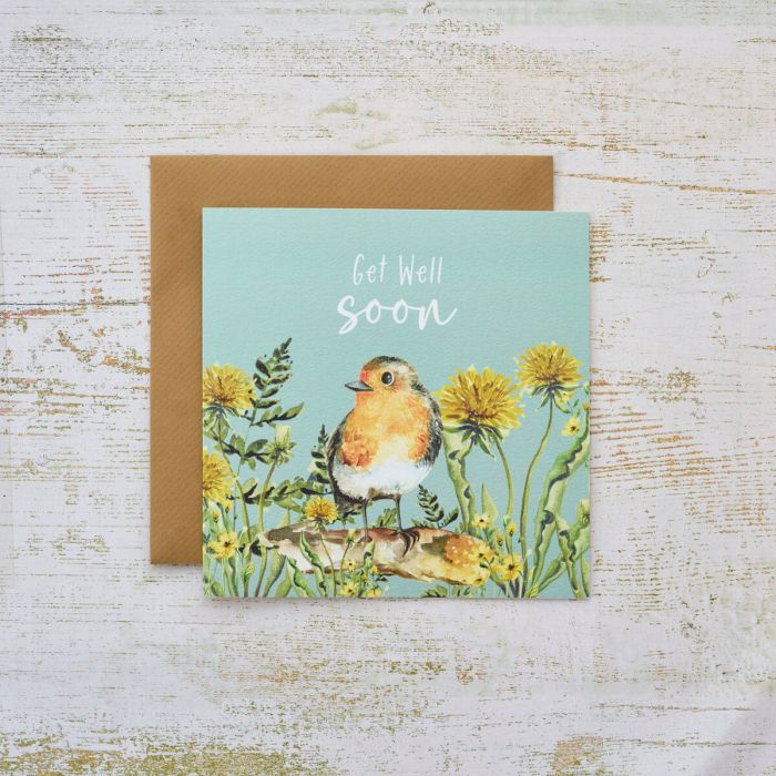 Floral Feathered Bird Get Well Soon Card