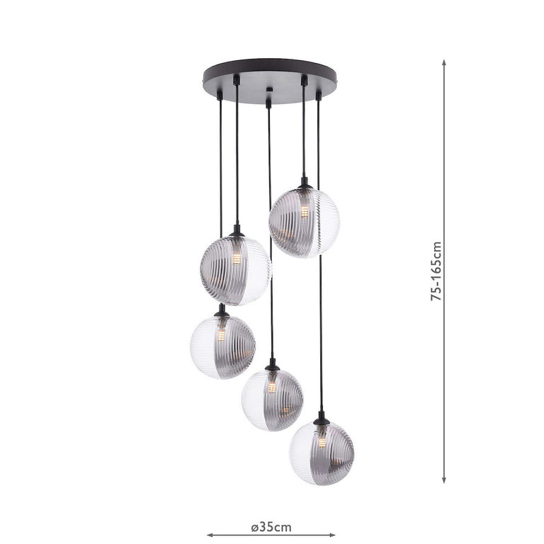 Federico 5 Light Cluster Pendant Black/Smoked & Clear Ribbed Glass