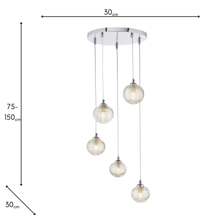 Federico 5 Light Cluster Pendant Chrome/Ribbed Glass - Ceiling Hanging Light