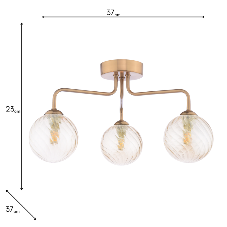 Feya 3 Light Semi-Flush Ceiling Light – Antique Bronze & Amber Glass