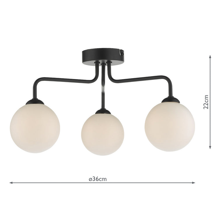 Feya 3 Light Semi Flush Black/Opal Glass - Ceiling Light