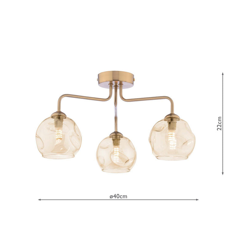 Feya 3 Light Semi Flush Bronze/Organic Amber Glass - Ceiling Light