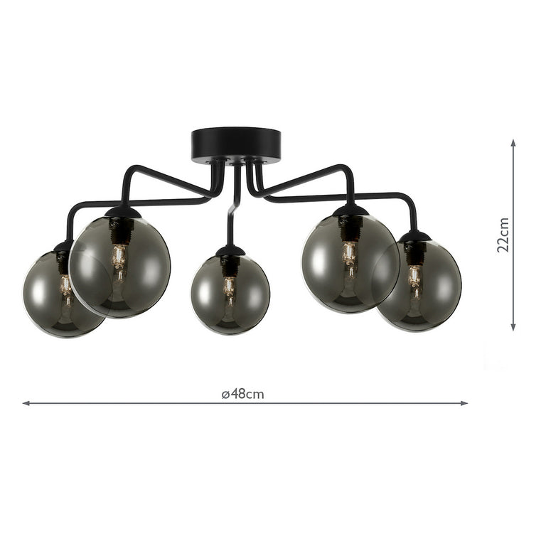 Feya 5 Light Semi Flush Black/Smoked Glass - Feya Ceiling Lighting