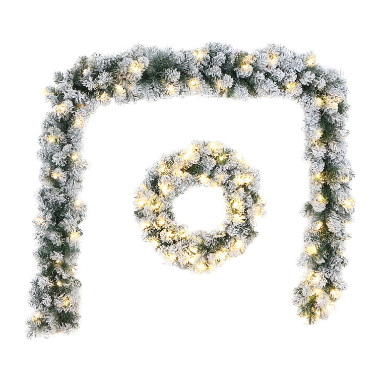 Flocked Christmas Wreath & Garland Set with LED Timer Lights