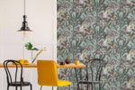 Floral Dream Green Cockatoo Wallpaper hung in a styled room setting