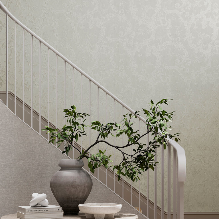Boutique Florentine Wallpaper Pearl - Floral Scroll Modern Wall Covering