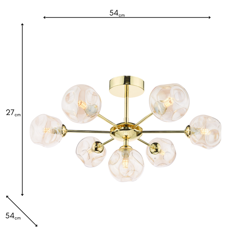 Cohen 7 Light Semi-Flush Ceiling Light with Polished Gold & Amber Glass