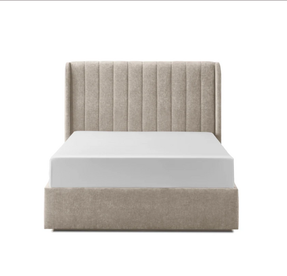 Elegant 5ft bed with upholstered beige fabric.
