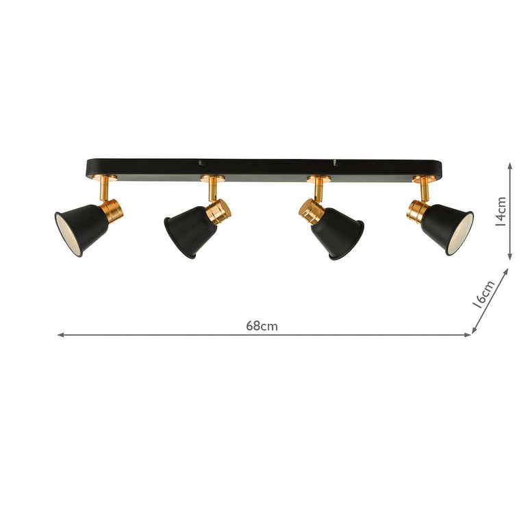 Fry 4 Light Bar Semi Flush Spotlight Black & Rose Gold - Stylish Ceiling Lighting