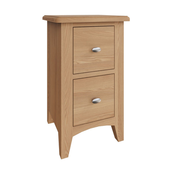 Functional bedside table for essential storage.