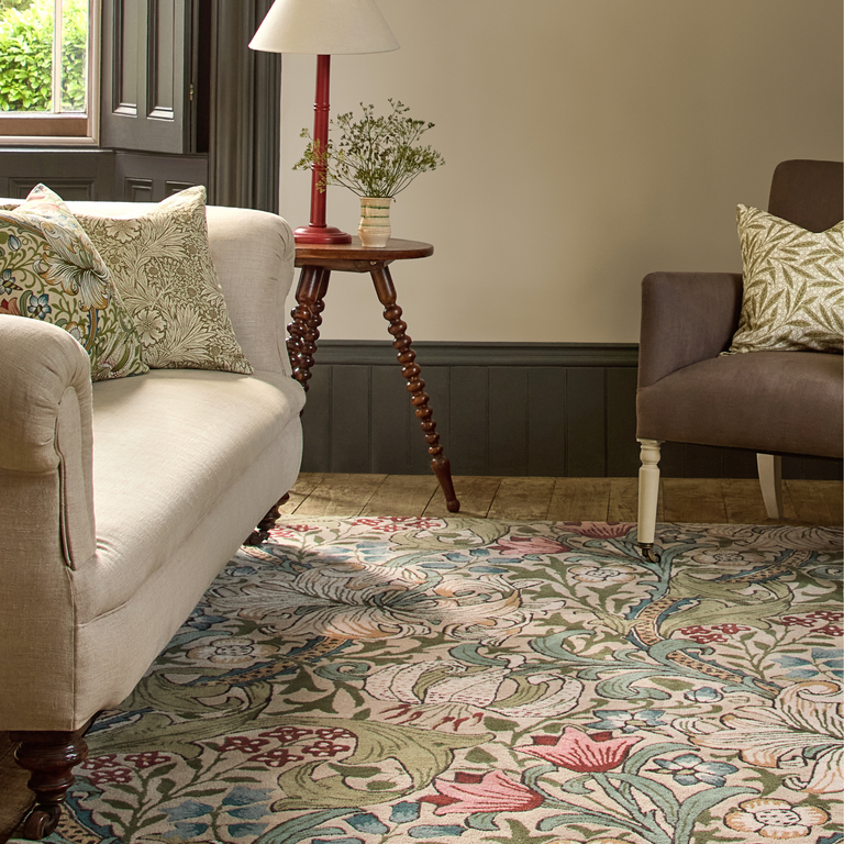 Morris & Co Golden Lily Floral Rug Green Red