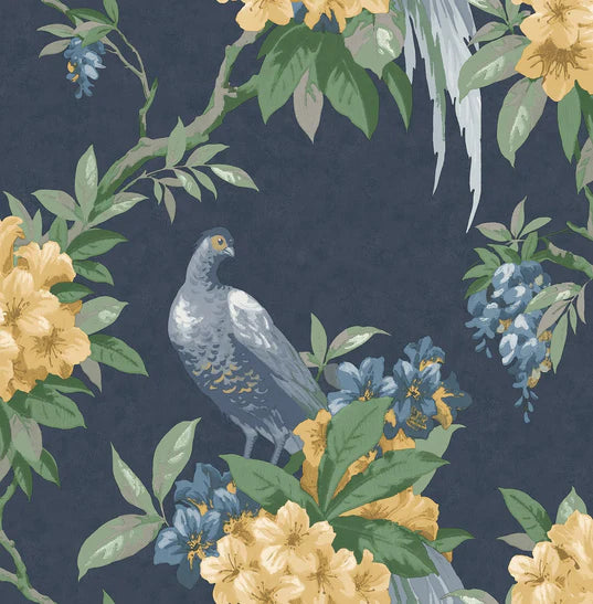 Golden Pheasant Dark Blue Floral Wallpaper close view picture of the wallpaper design