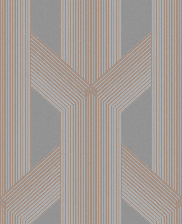 Elegant geometric wallpaper featuring Graham & Brown Lagom Geo Grey & Rose Gold design.