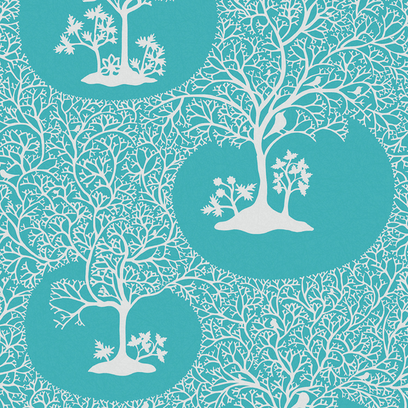 Elegant wallpaper featuring intricate white tree branches on an azure background.
