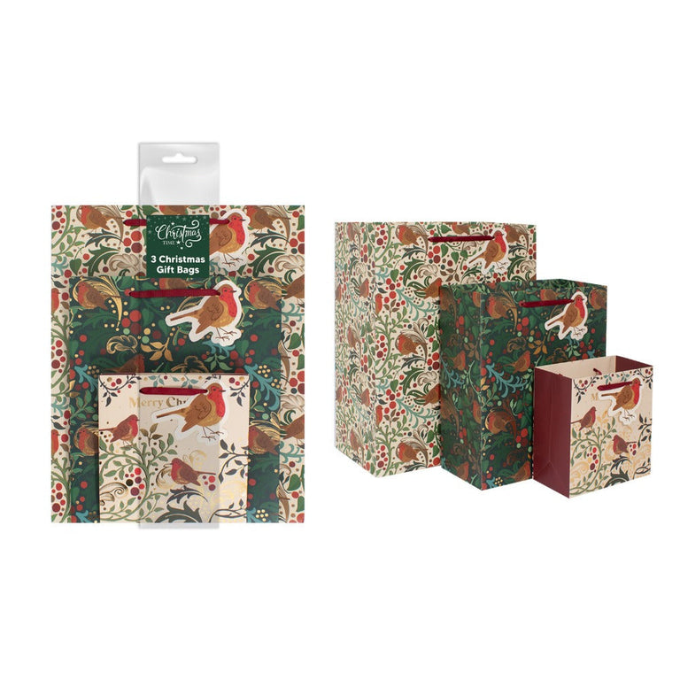 Green Robin Christmas Gift Bags Pack of 3