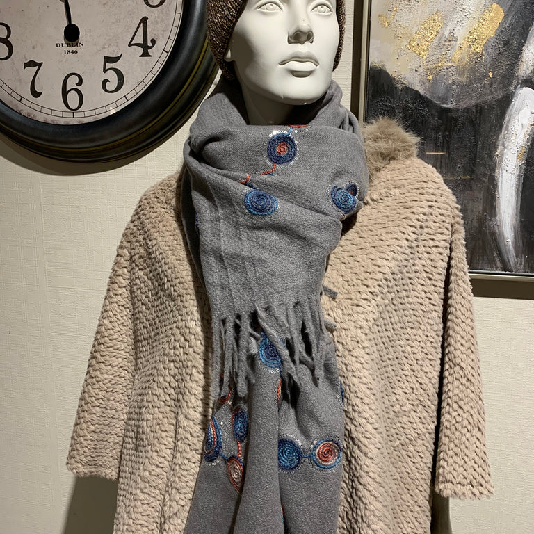 Grey Embroidered Scarf – Elegant Grey Scarf Gift for Her