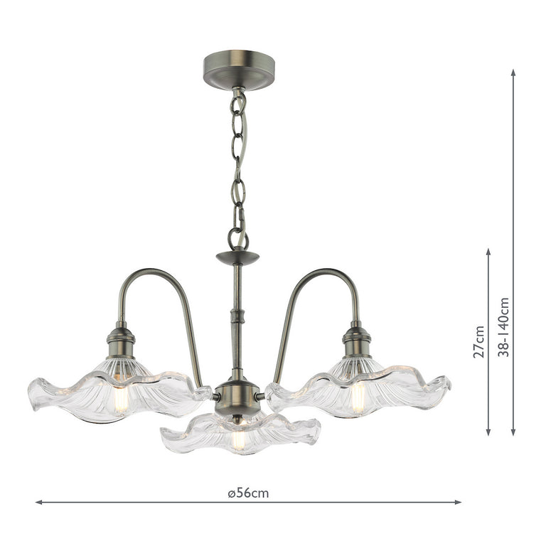 Hadano 3 Light Pendant Antique Chrome & Wavy Glass - Home Lighting