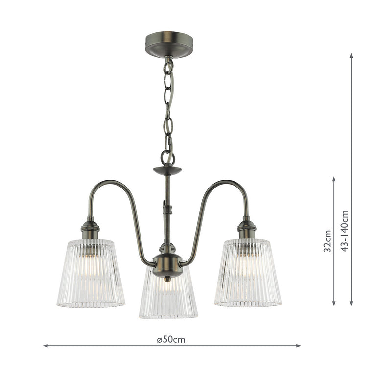 Hadano 3 Light Pendant Antique Chrome & Ribbed Glass - Ceiling Hanging Light