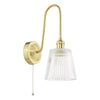 Hadano Wall Light Natural Brass and Ribbed Glass with a ball-and-chain pull cord switch