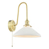 Hadano Wall Light Natural Brass and White Shallow Ceramic Shade with a ball-and-chain pull cord switch