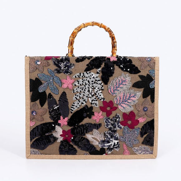 Handbag with floral sequin embroidery beach straw bag in black/pink