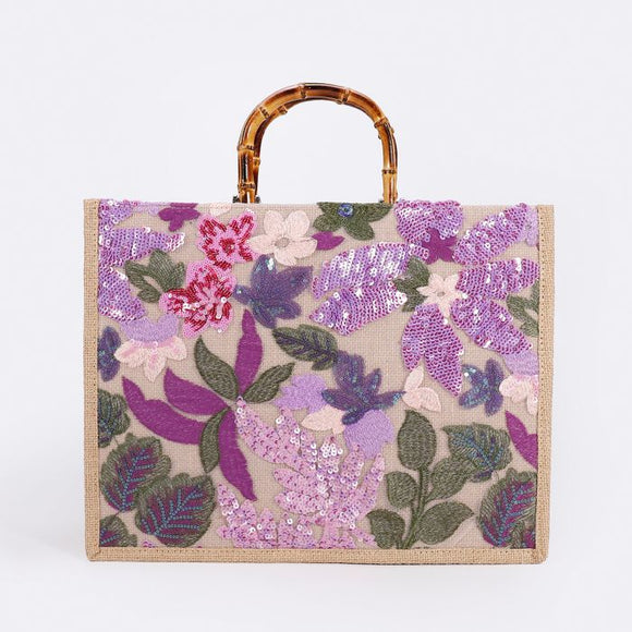 Floral sequin embroidery beach straw bag in lilac/pink for women accessories