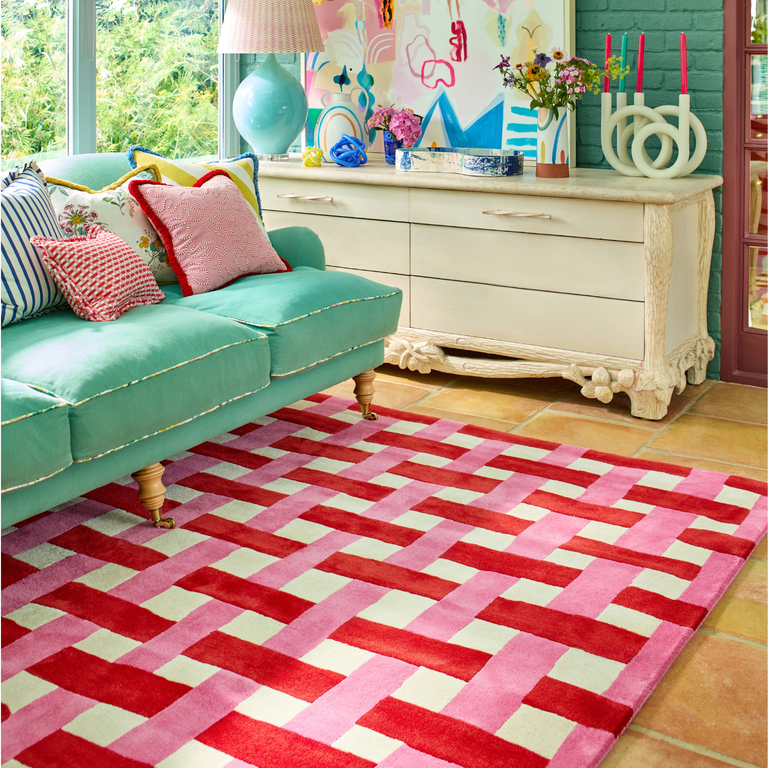 Harlequin Basketweave Geometric Rug Coral Rose