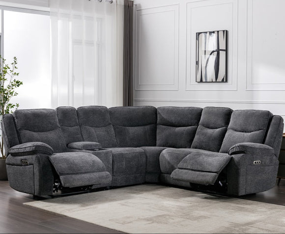 Herbert Corner Sofa Electric Recliner Dark Grey life style photo with opened recliner parts