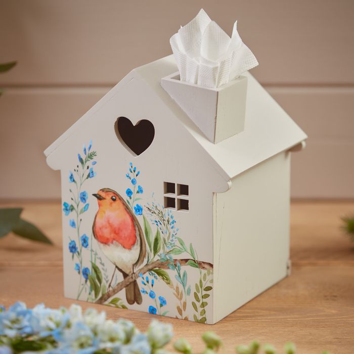 Robin Forget Me Not House Tissue Box White Wood