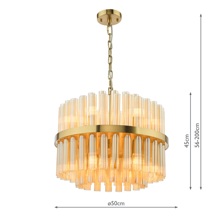 Imani 12 Light Pendant Light Natural Brass Ceiling Light with Champagne Ribbed Glass Rods, Adjustable Hanging Fixture