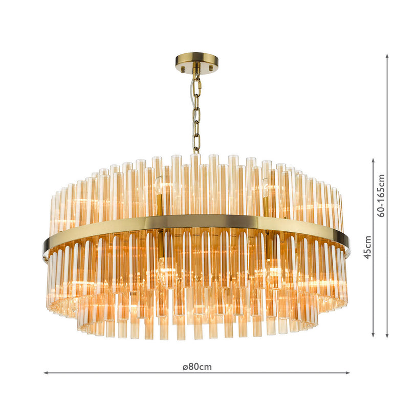 Imani 16 Light Pendant Natural Brass Ceiling Light with Champagne Ribbed Glass Rods Shade, Adjustable Hanging Fixture